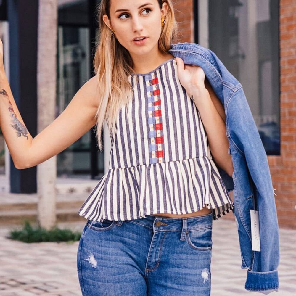Anthropologie THML striped embroidered peplum tank top